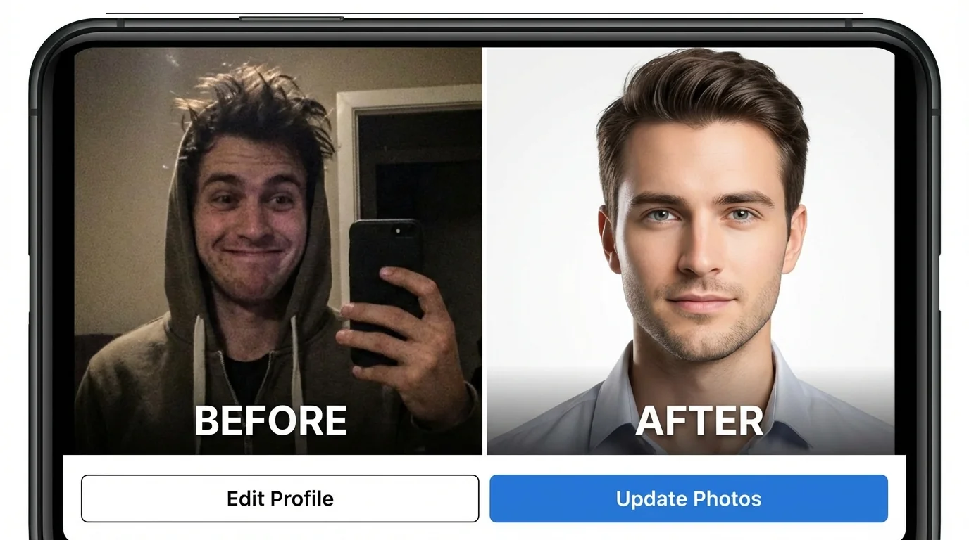Side-by-side comparison of casual selfie versus professional AI dating photo showing the quality difference for dating profiles