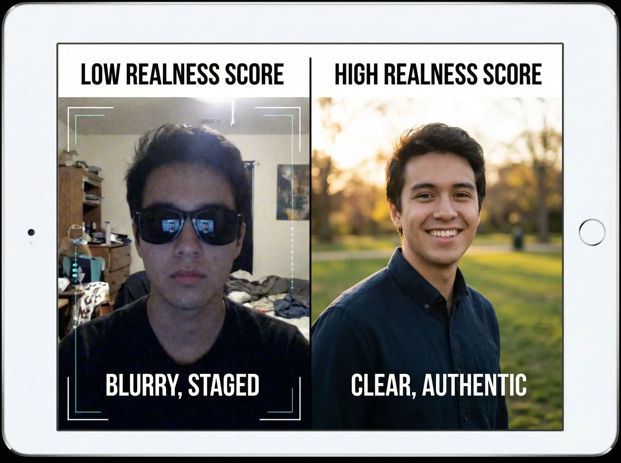 Before and after comparison showing low realness score versus high realness score dating photos