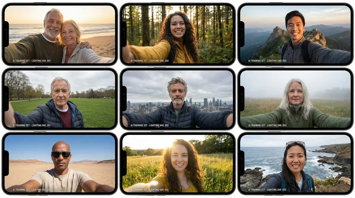 Person capturing diverse training selfies in various natural settings to improve AI photo realness score