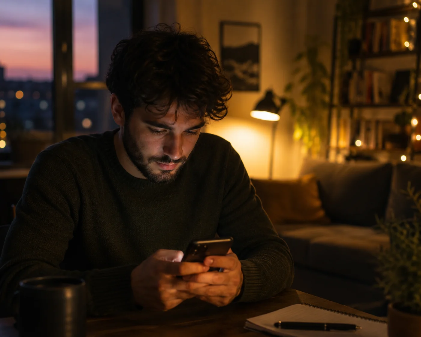 Man messaging matches on his phone during peak evening hours to improve Tinder conversations