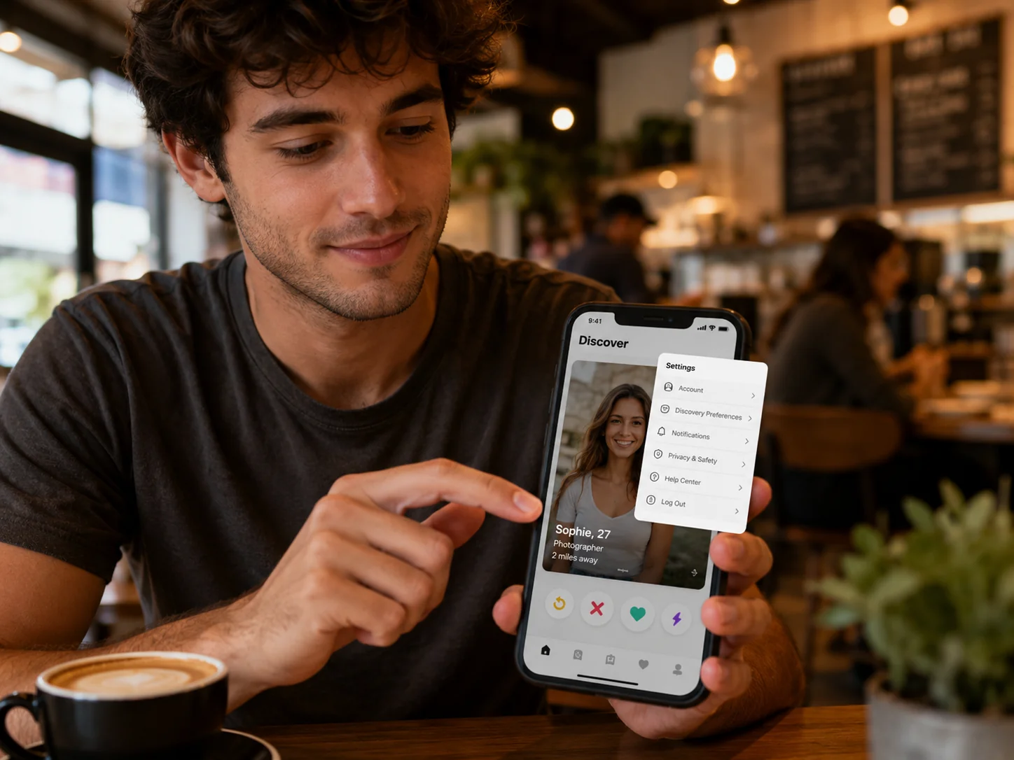 Man navigating phone settings to delete and reset his Tinder account step by step