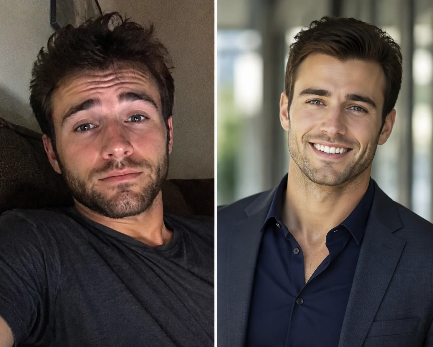 Before and after comparison showing an old male selfie versus a new optimized dating photo for a fresh Tinder profile