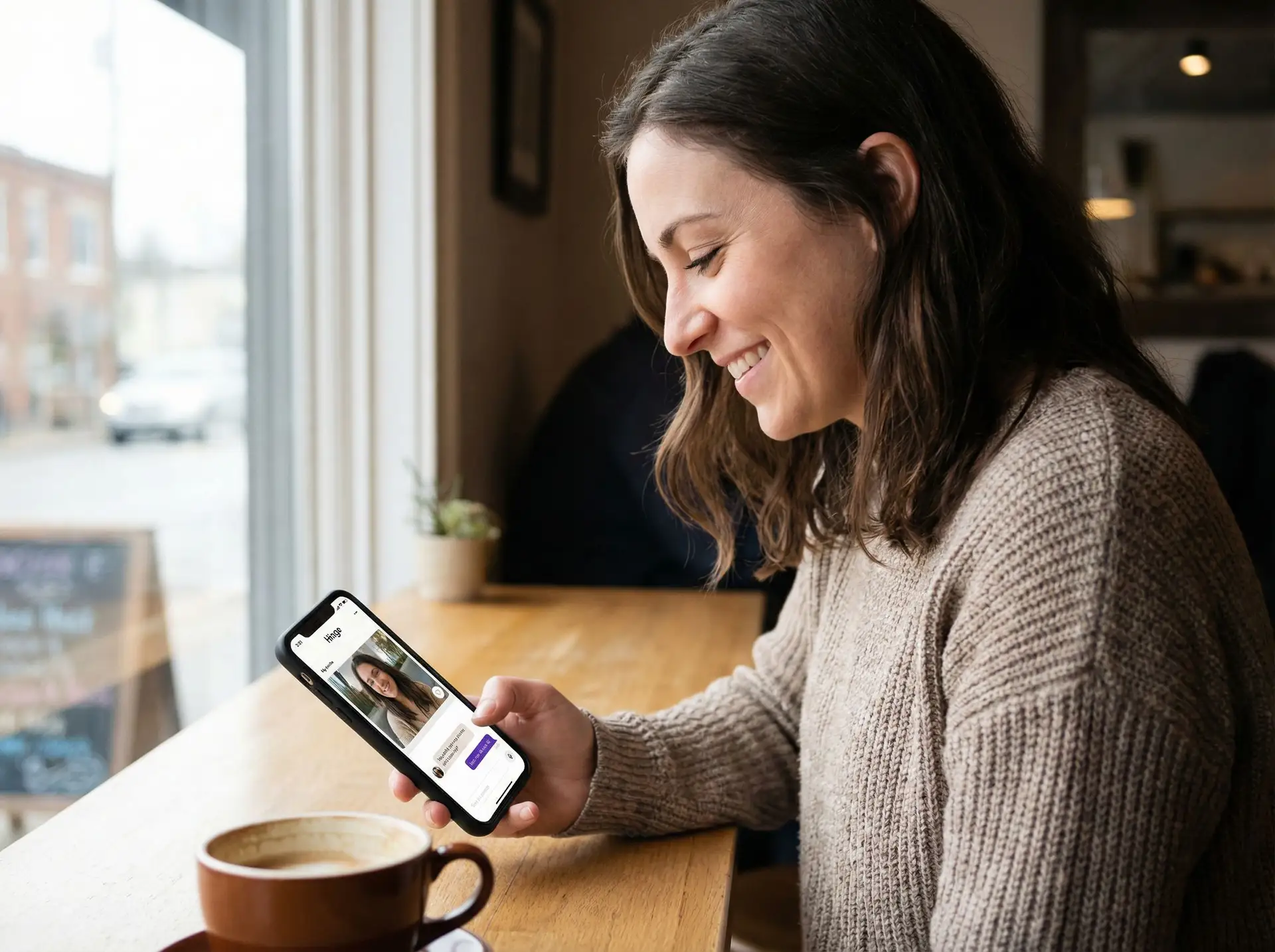 Using Hinge dating app on smartphone - checking AI photo realness score