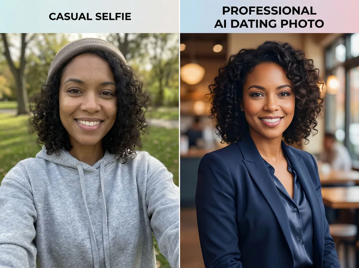 Before and after comparison showing transformation from selfie to professional AI-generated dating photo