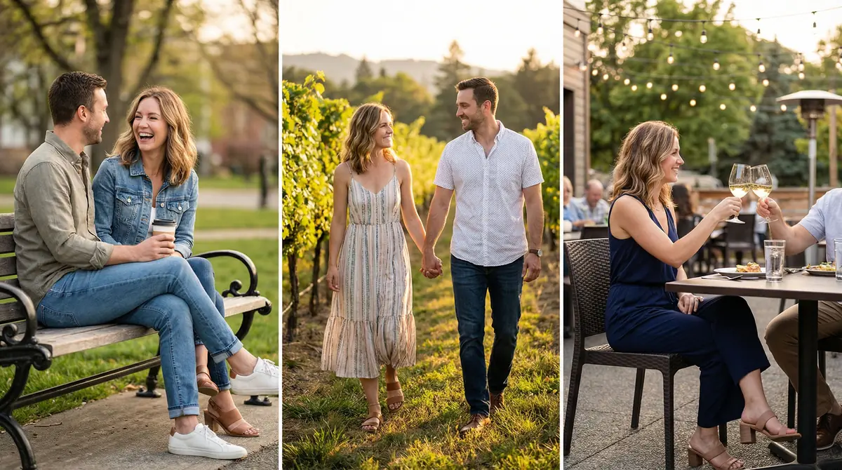 DatePhotos.AI generated variety showcase with person in different scenarios and outfits for dating profiles