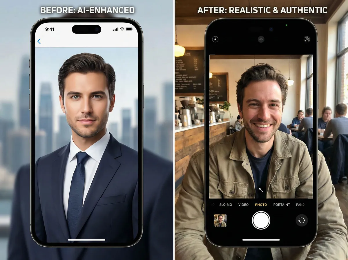 Side-by-side comparison showing AI photo with perfect lighting versus natural photo with realistic imperfections