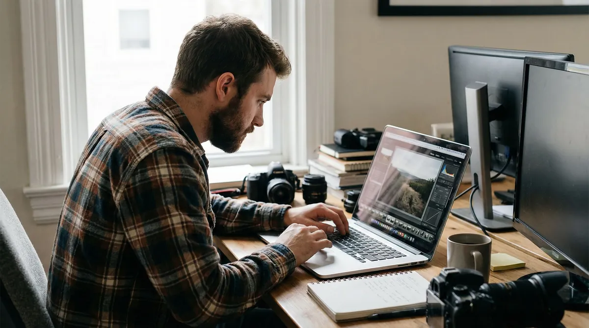 Man working on photo editing software to improve AI photo naturalness and authenticity