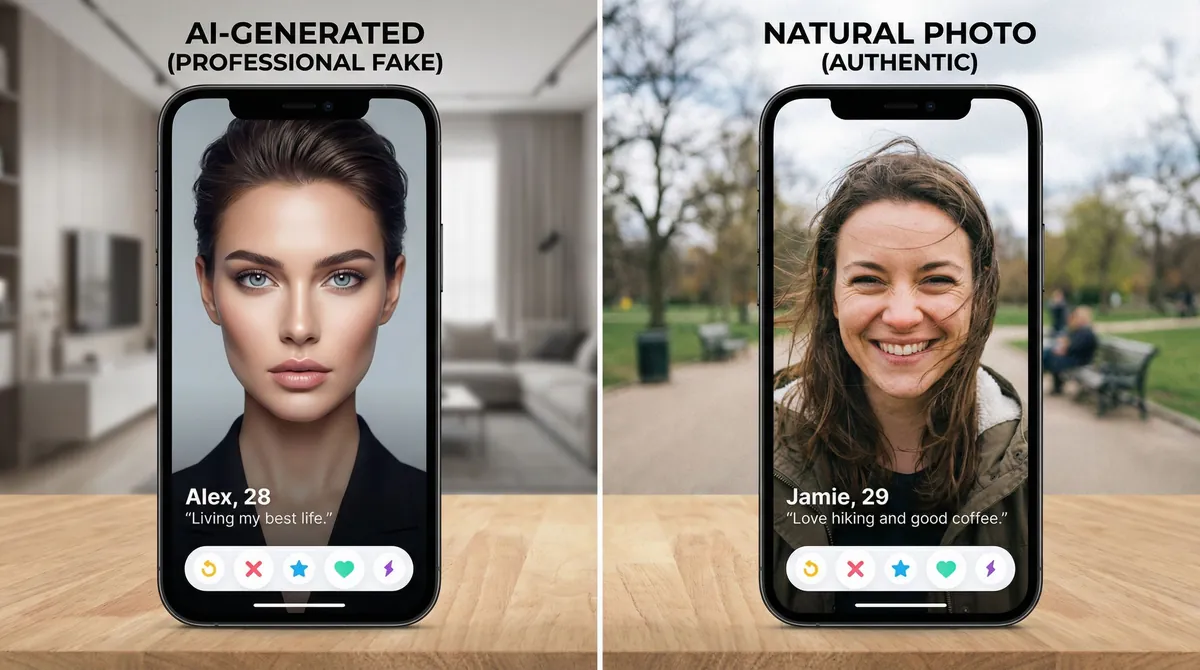 Comparison showing fake AI dating photo versus natural realistic photo with visible quality differences