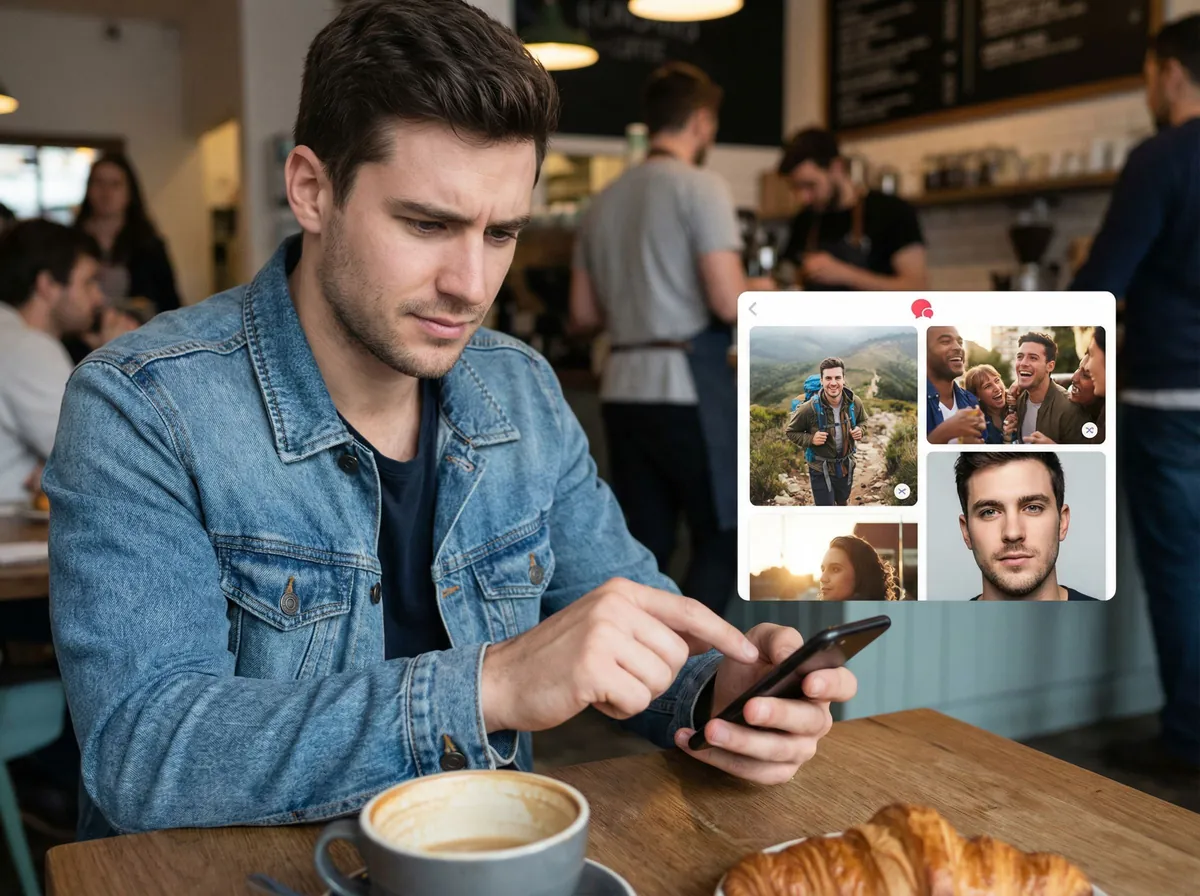 Man carefully selecting and organizing dating profile photos on smartphone screen