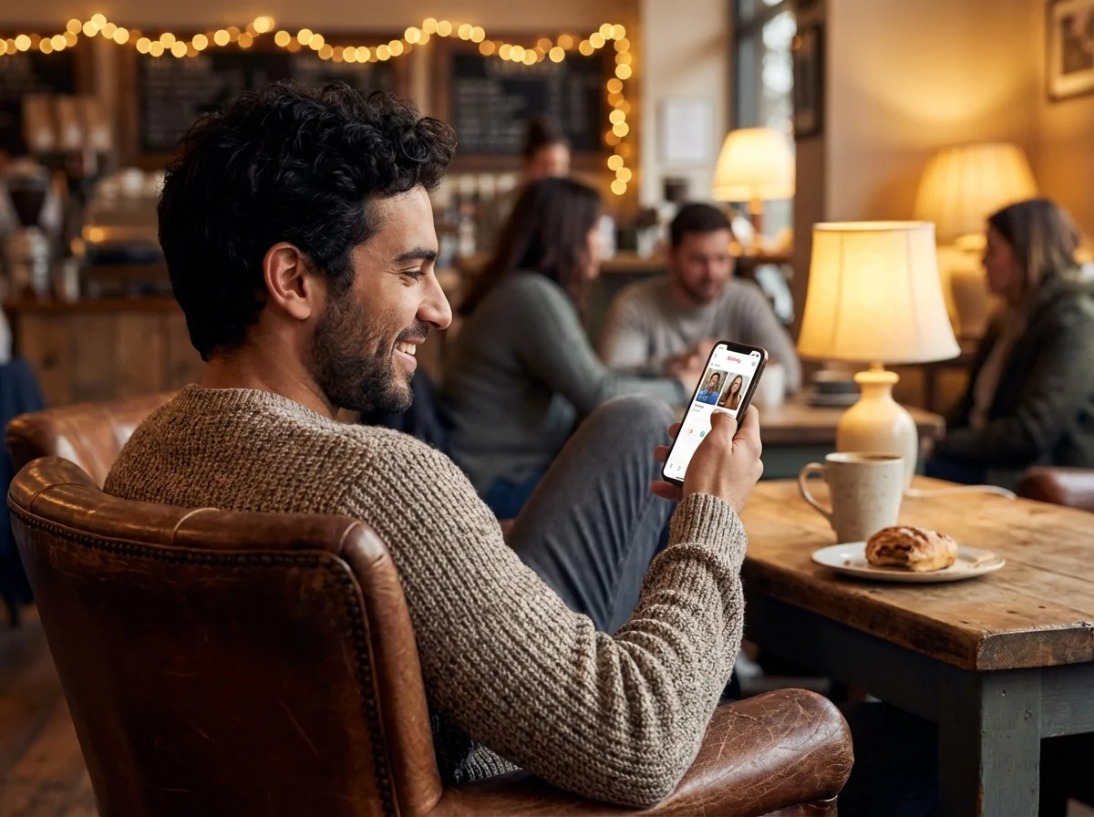 Young man browsing OkCupid dating app at a coffee shop, showing natural lifestyle photo for dating profile