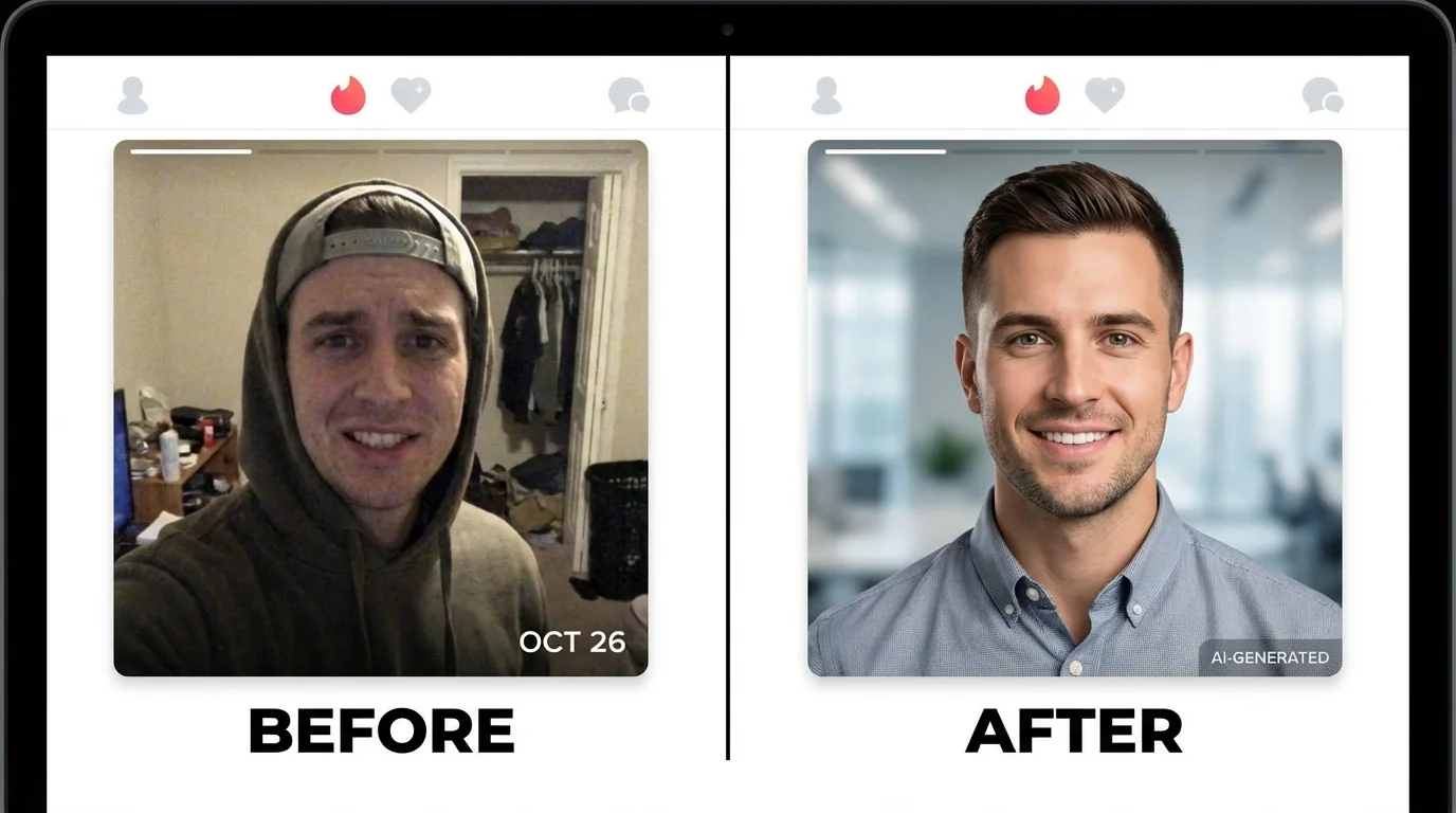 Before and after comparison of a man's dating profile photos — casual selfie transformed into a professional AI-optimized OkCupid photo