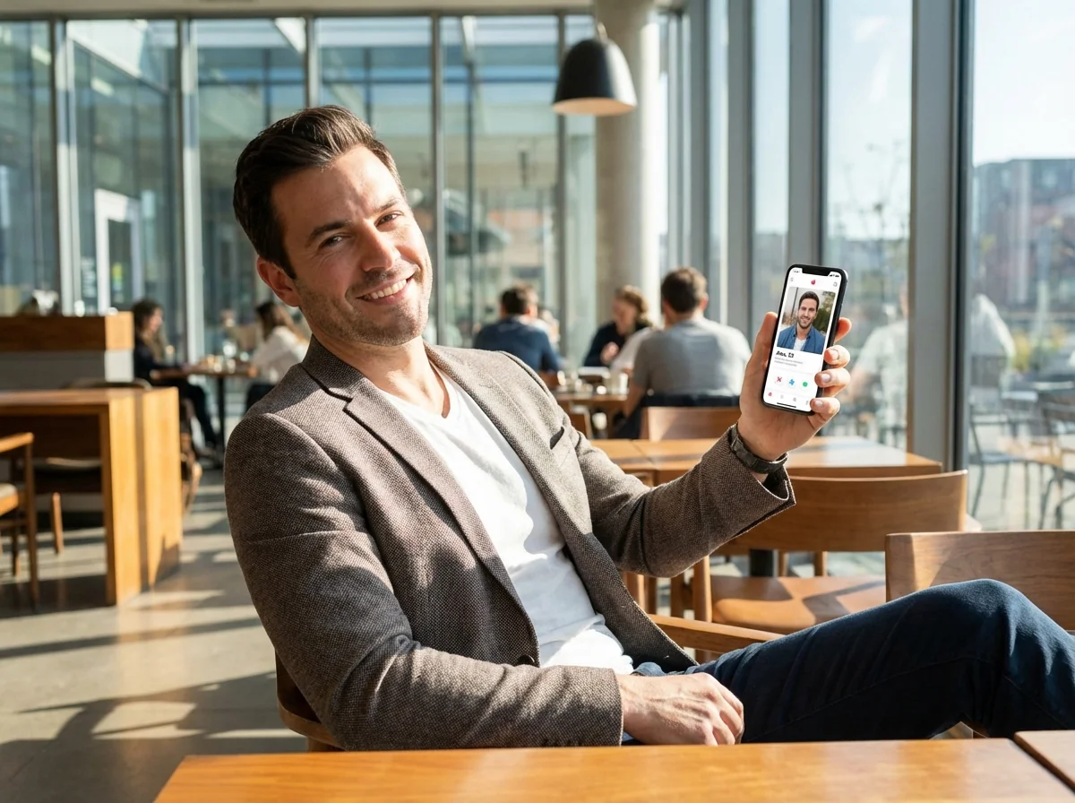 Man sending a confident first message on a dating app after his AI profile photos got him a match