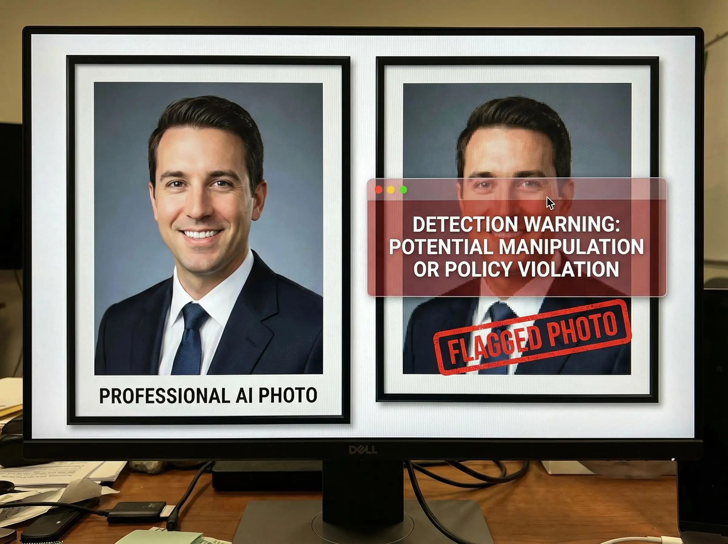 Comparison showing AI photo that passes detection versus flagged photo with visible artifacts