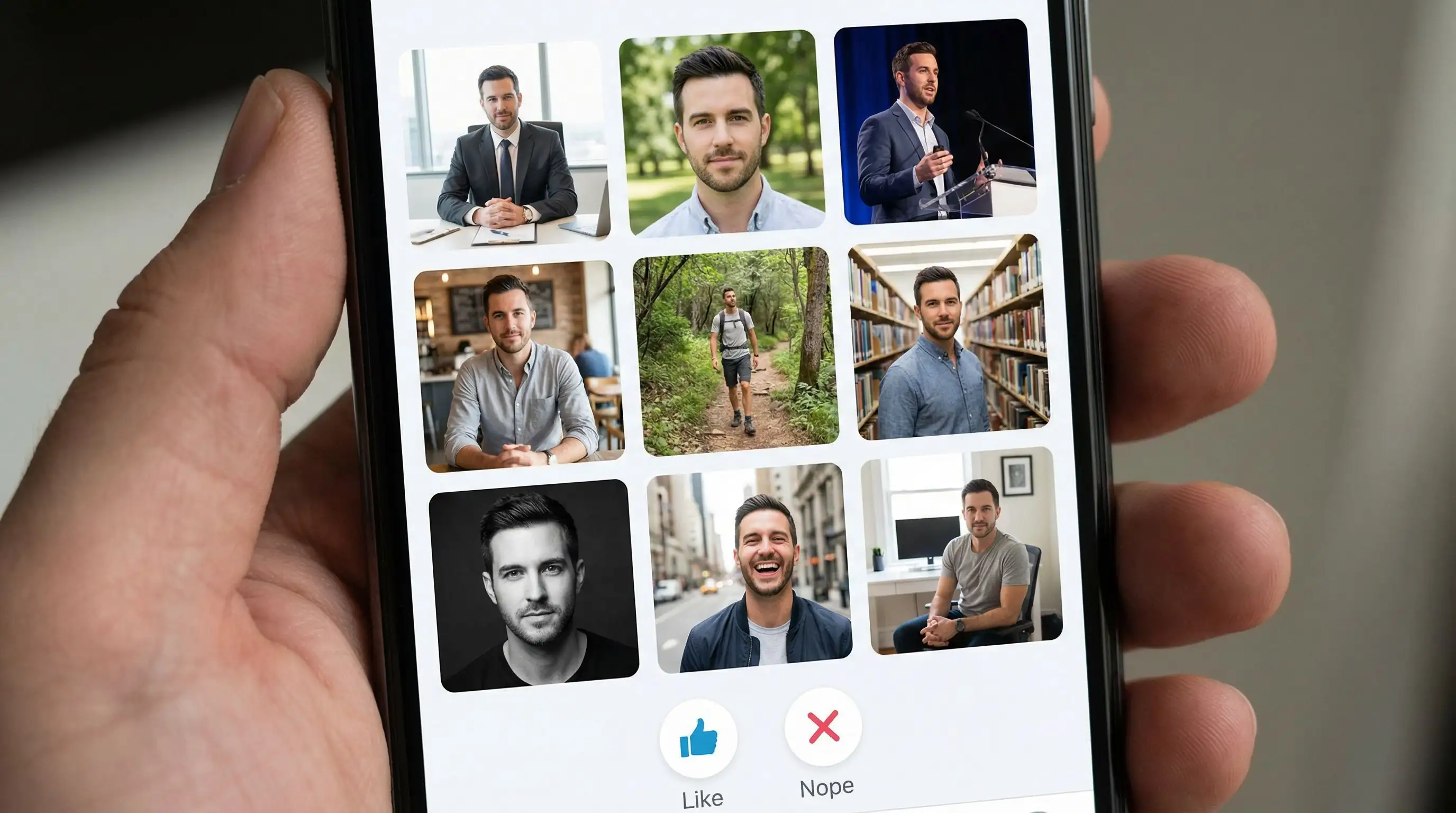 Dating profile showcasing multiple personalized AI generated photos with consistent facial features across different settings