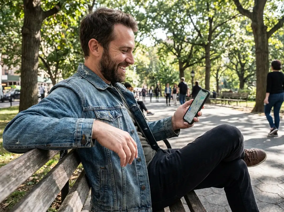 Man casually scrolling dating app on smartphone outdoors in natural daylight, showing relaxed authentic photo style