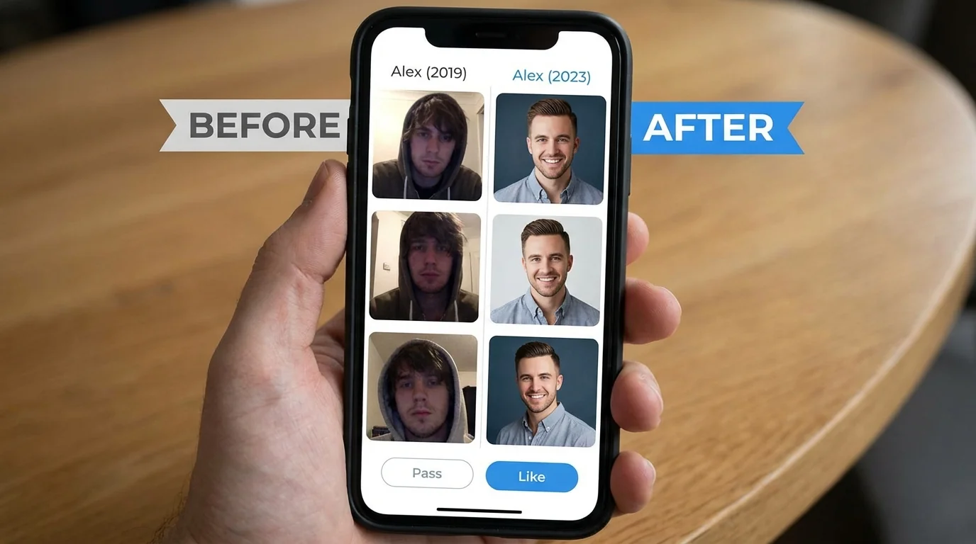 Dating app profile showing strategic photo sequence from first cover photo to final real lifestyle photo on smartphone screen
