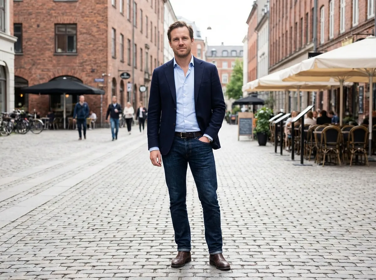 Man in smart casual outfit standing in city setting for a confident full-body dating profile photo