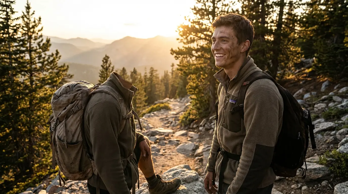 Young man on a mountain hiking trail during golden hour demonstrating the adventure photo type for dating profiles