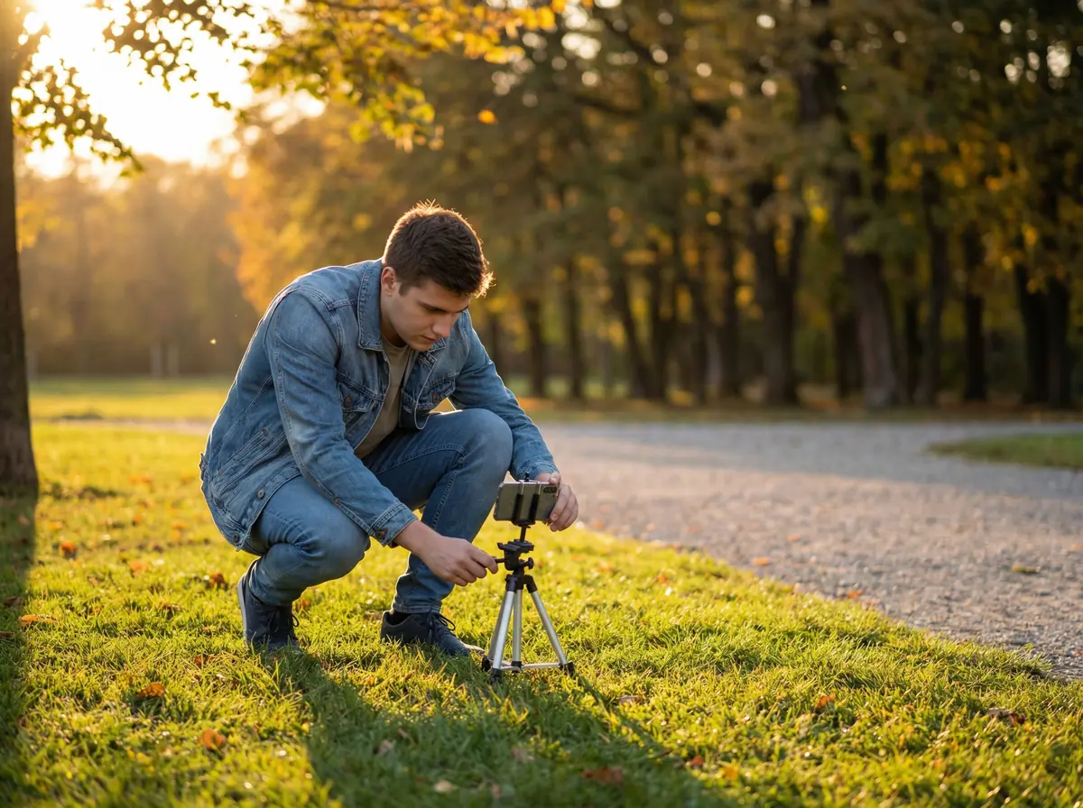 DIY dating photo setup showing man positioning smartphone on tripod for self-timer photos