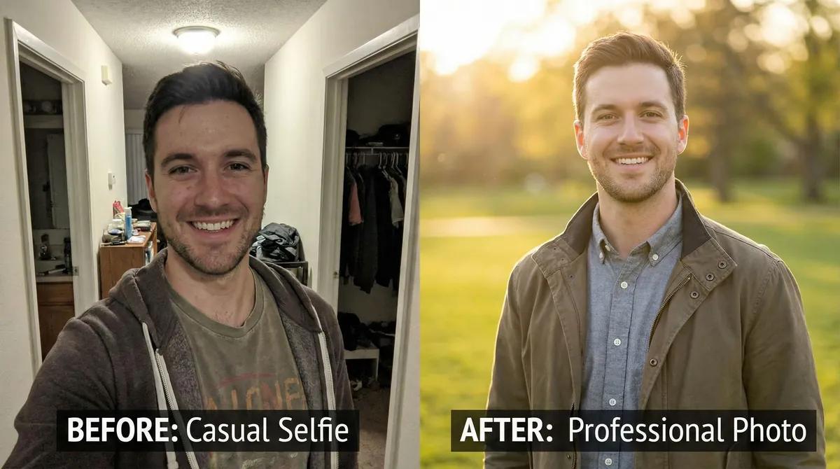 Before and after transformation from casual selfie to professional dating photo without hiring photographer