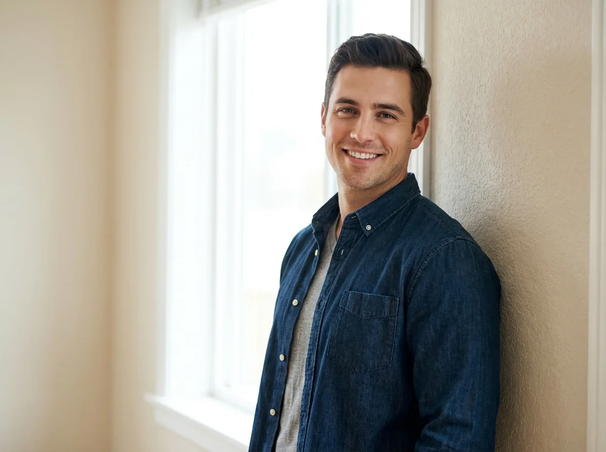 Man posing for a professional dating profile photo with a clean background and confident expression