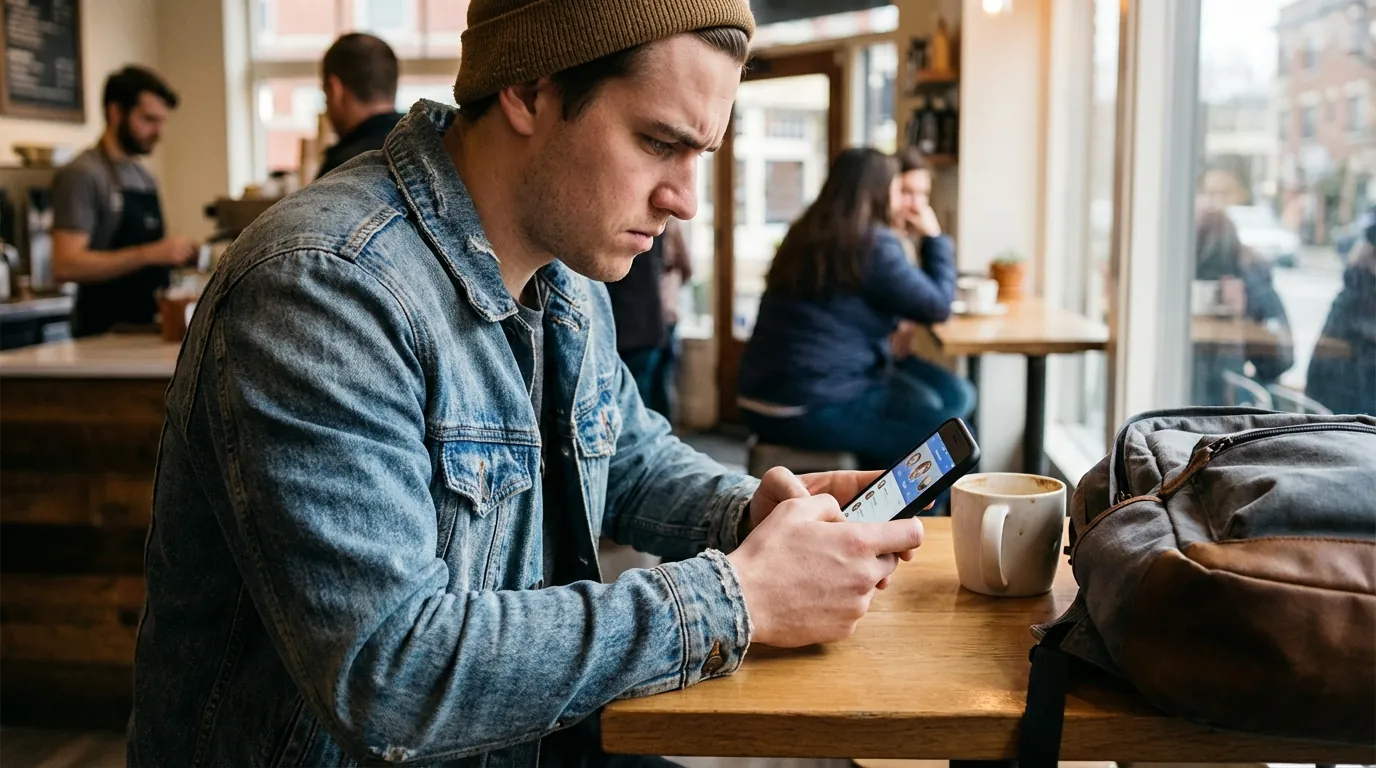 Young man reviewing his dating app settings and match results on his phone in a coffee shop