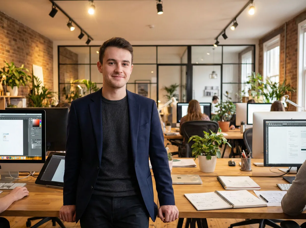 Man in creative professional workspace showing success and cultural awareness for exclusive dating apps