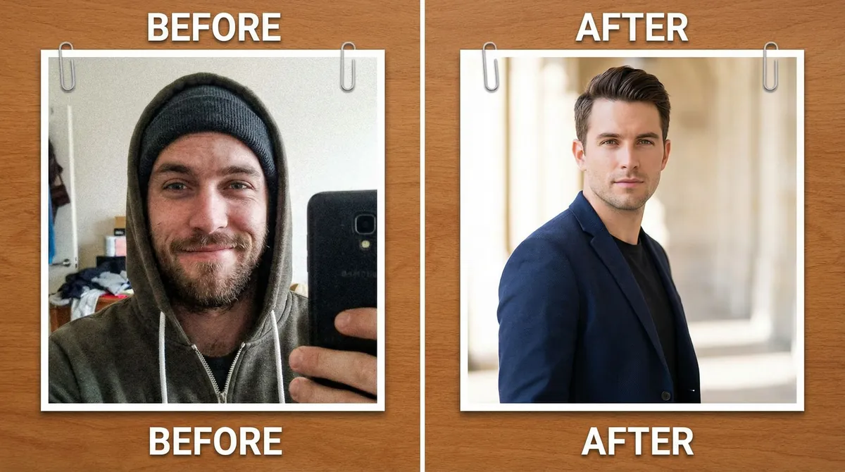 Side-by-side comparison showing transformation from casual selfie to professional AI-generated Raya photo