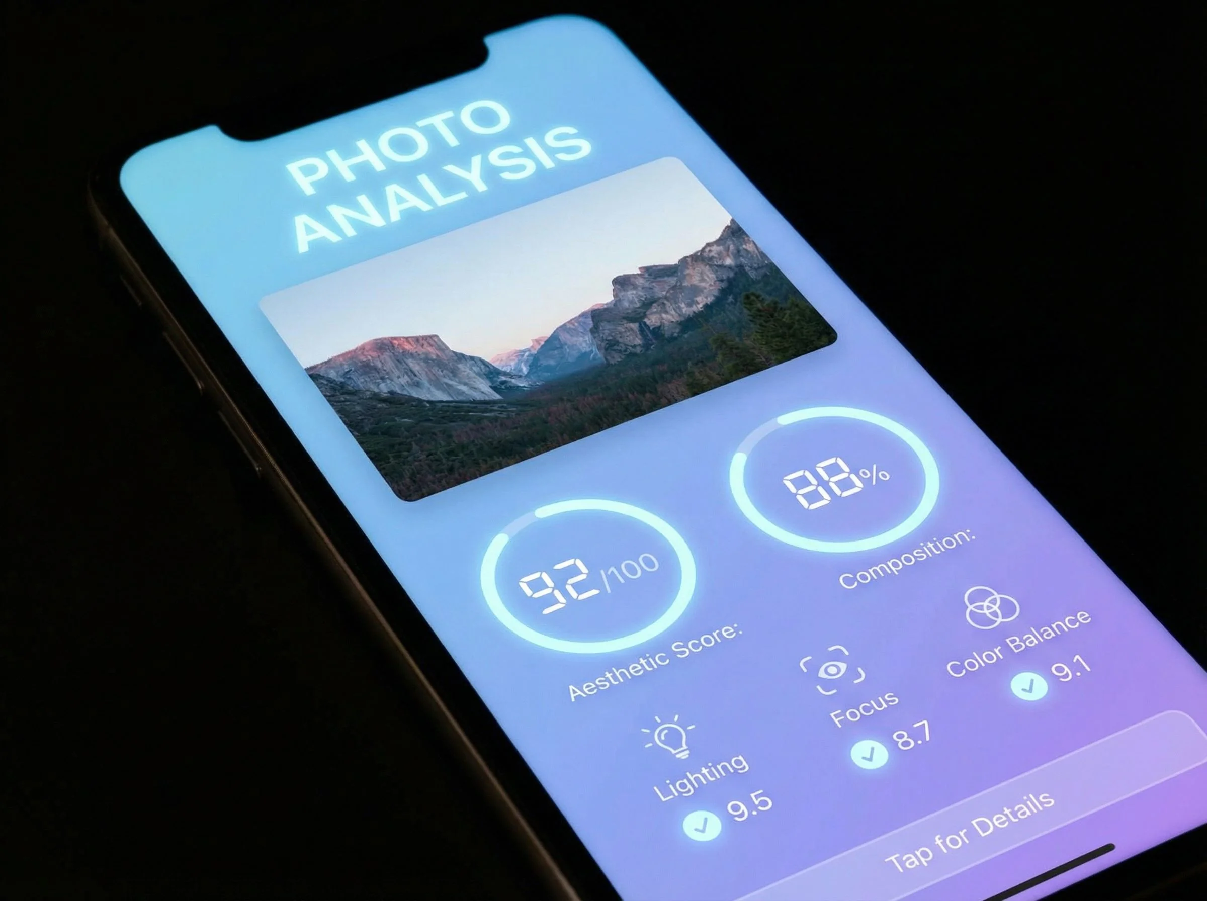 Realness Score analyzer interface showing photo authenticity metrics and detection results