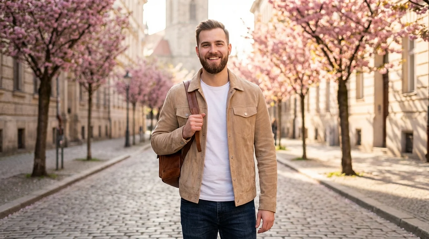 Spring dating photo with man in transitional jacket near flowering trees showing seasonal variety