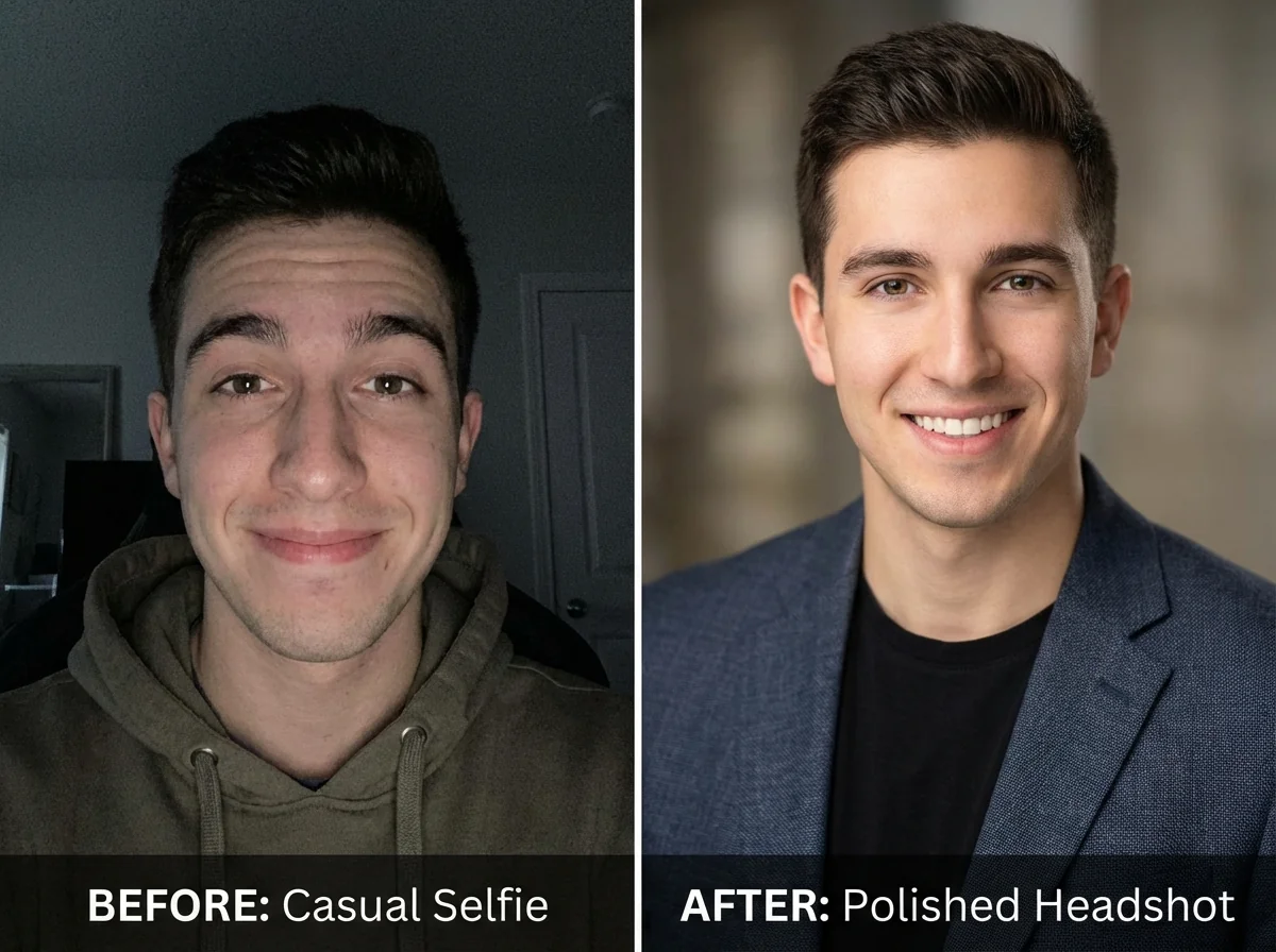 Side-by-side comparison of a casual selfie versus an AI-generated professional dating photo showing the quality difference