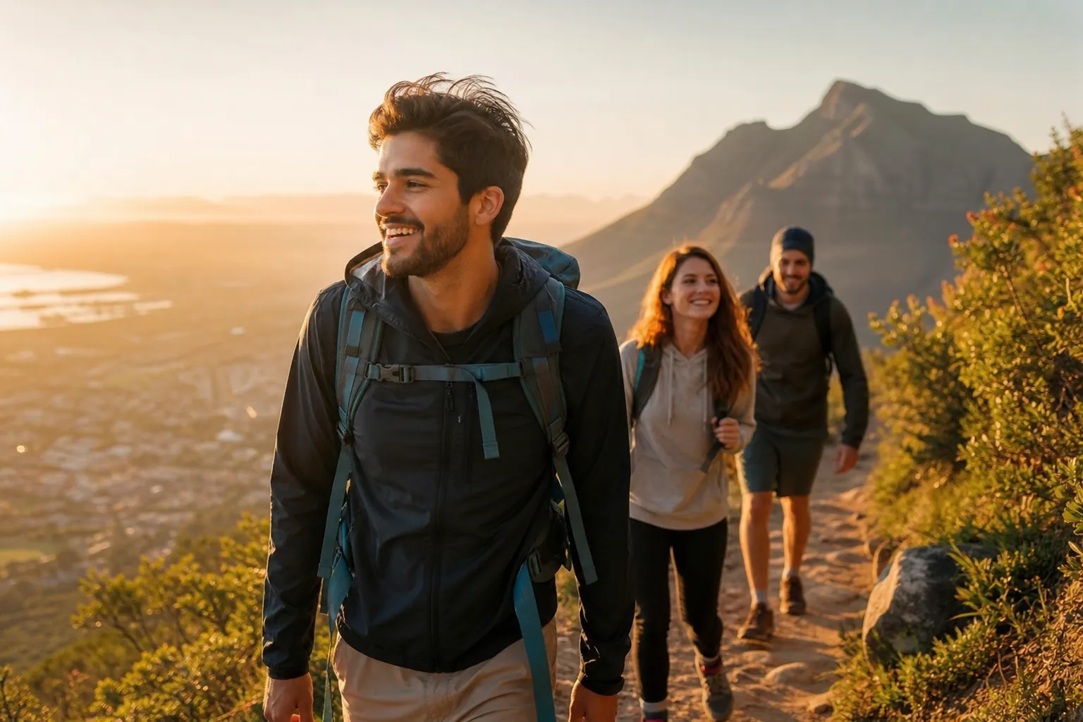 Young man hiking with friends on a mountain trail showing a natural activity shot for a dating profile