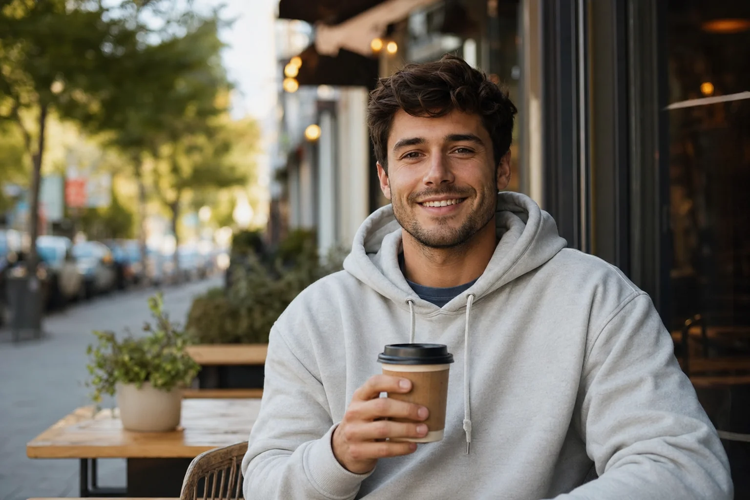 Relaxed young man in a hoodie holding coffee at an outdoor cafe as an example of a low-pressure closer photo