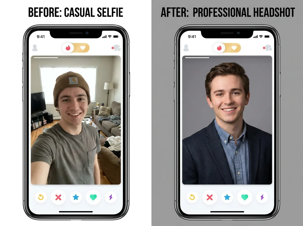 Side-by-side comparison of Aragon AI professional headshot versus DatePhotos.AI natural casual dating photo for a man