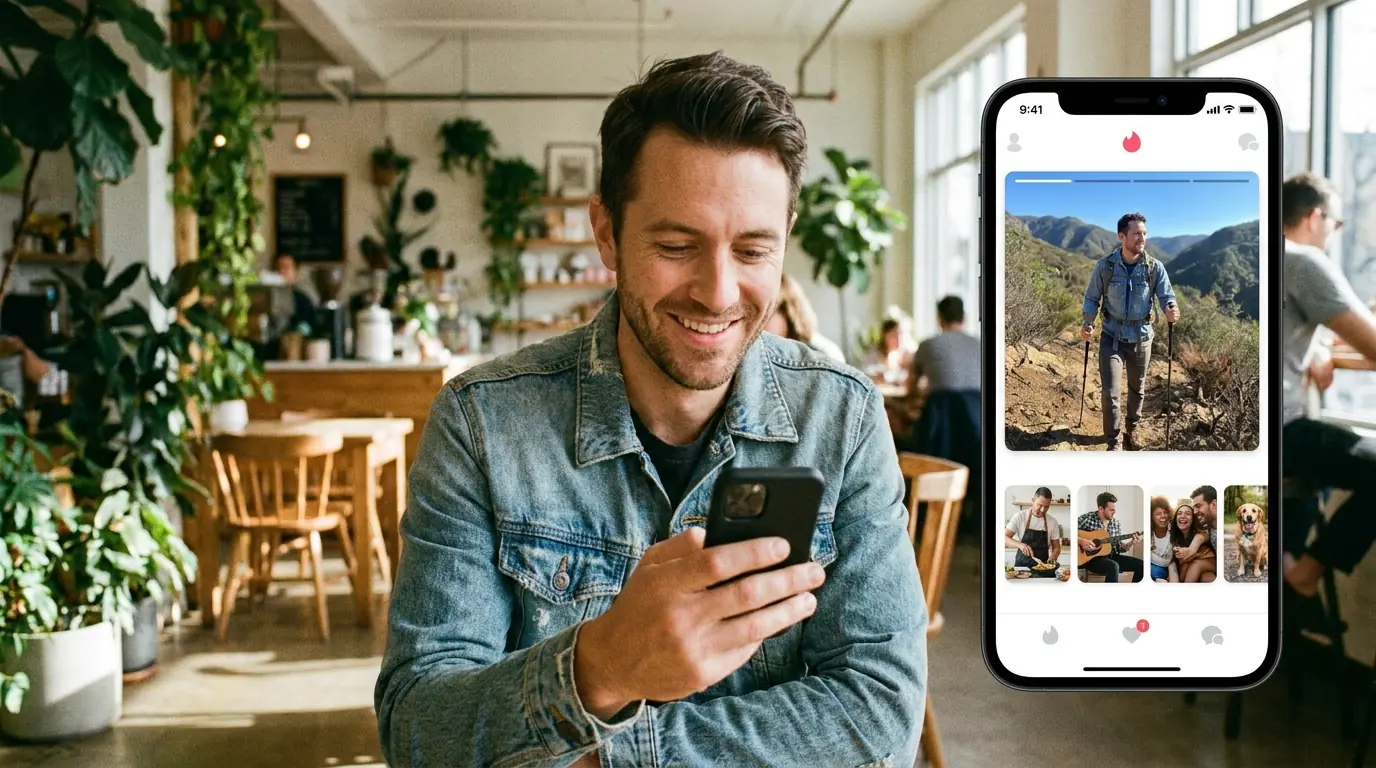 Man reviewing AI-generated dating photos on smartphone, choosing best natural-looking photos for his Tinder profile