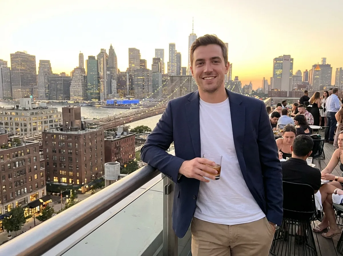 Professional man at rooftop bar wearing smart casual attire, demonstrating ideal lifestyle photo style for The League dating profile