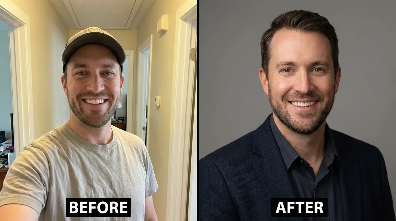 Side by side comparison showing a casual selfie transformed into a professional AI dating photo for The League app, illustrating the quality upgrade