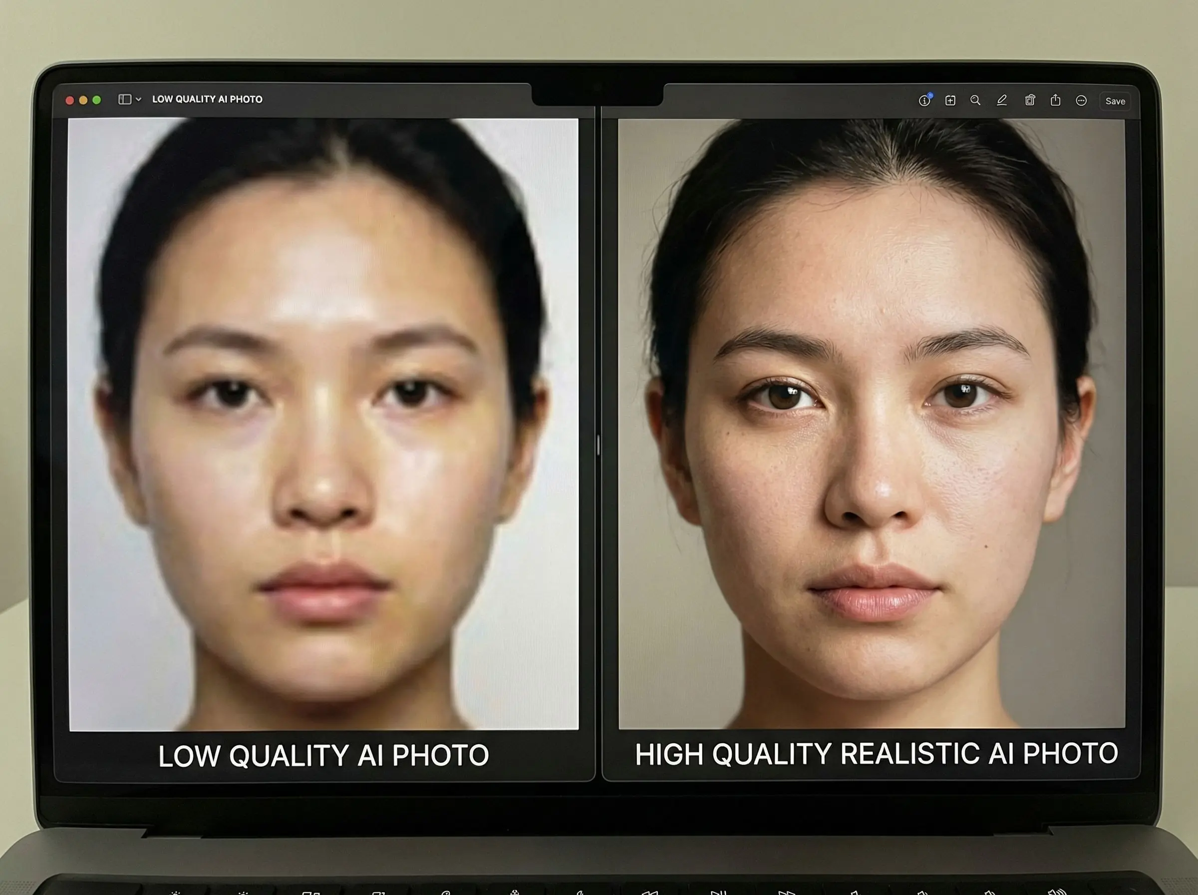 Comparison showing difference between low quality AI photo and realistic AI dating photo