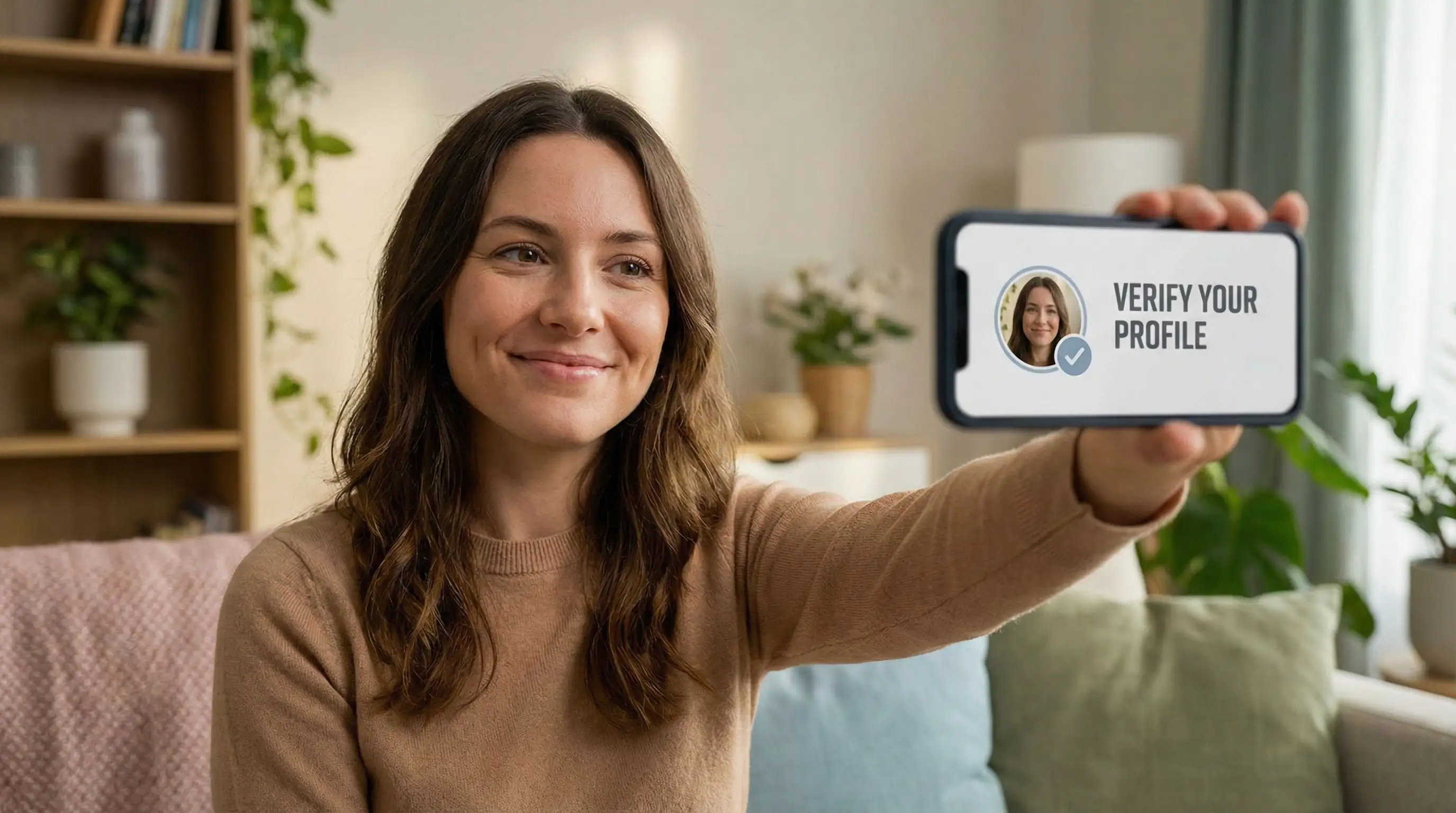 User taking verification selfie to rebuild trust after Tinder account recovery