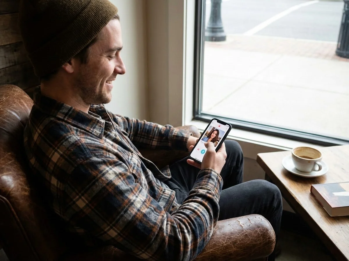 Man creating Tinder bio on smartphone to match his AI-generated dating photos
