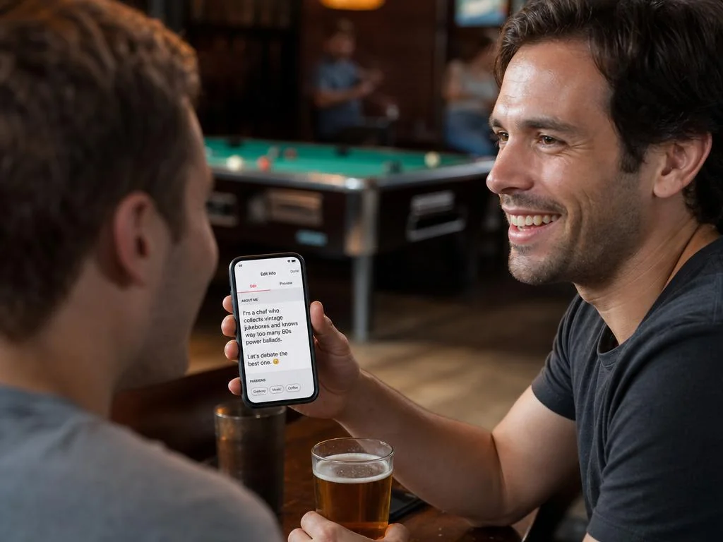 Man laughing while losing a game of pool with friends, an example of the specific detail that makes a dating bio memorable