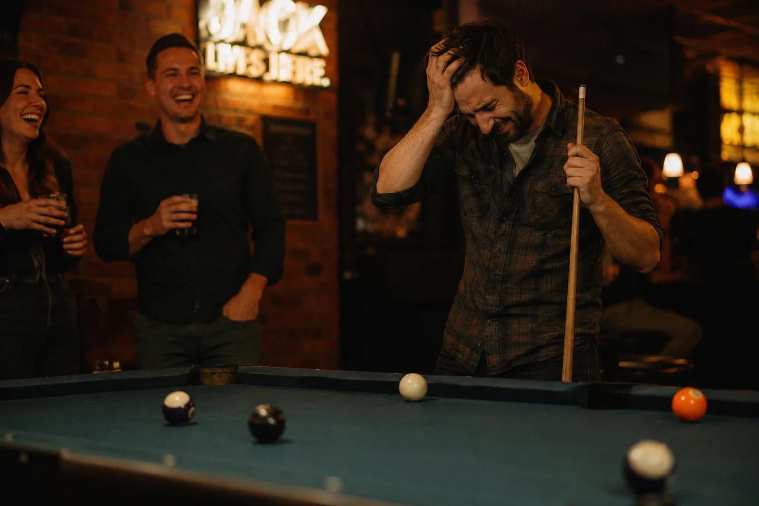 Man laughing while losing a game of pool with friends, an example of the specific detail that makes a dating bio memorable