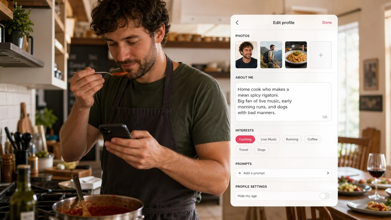 Man tasting sauce while cooking at home, the kind of real detail that turns a generic AI Tinder bio into a personal one