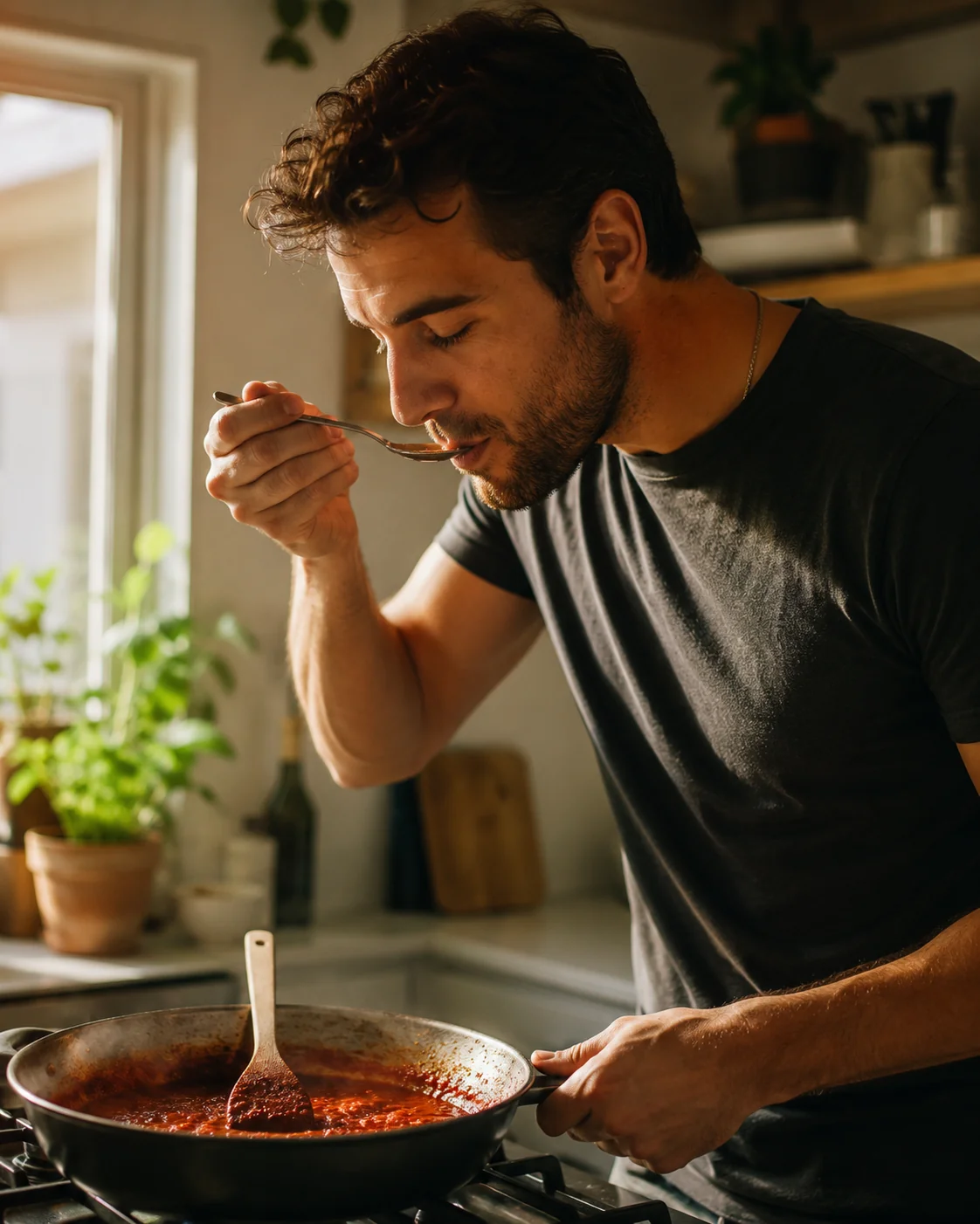Man tasting sauce while cooking at home, the kind of real detail that turns a generic AI Tinder bio into a personal one