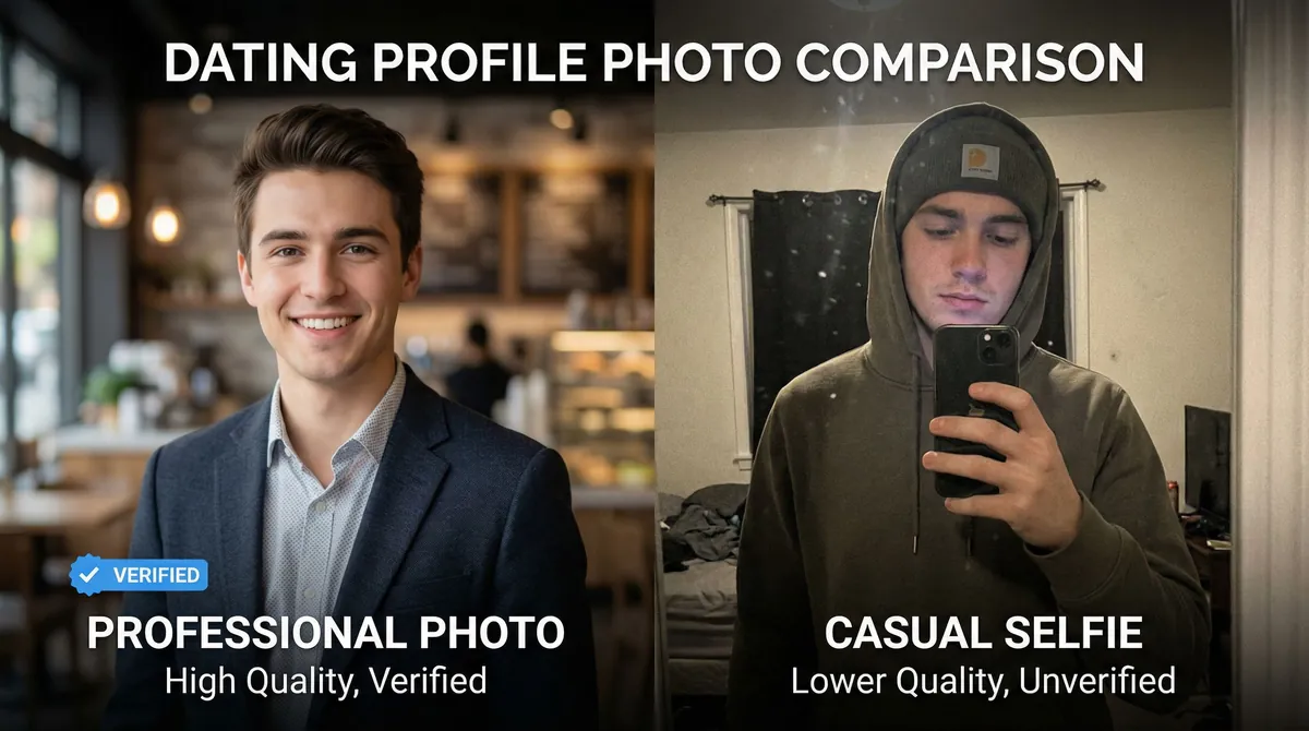 Side-by-side comparison of verified authentic dating photo versus AI-enhanced professional photo for men