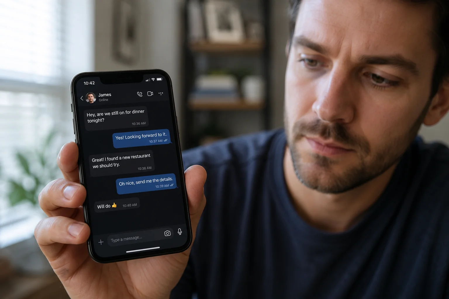 Man typing a personalized Tinder opener referencing a specific detail from his match's profile