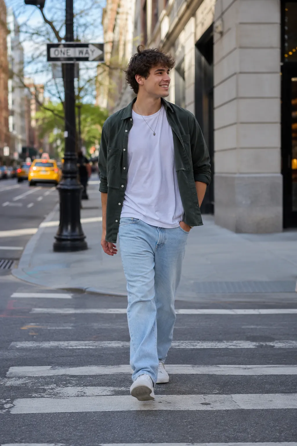 Full-body Tinder profile photo of a man walking in the city in casual daytime style