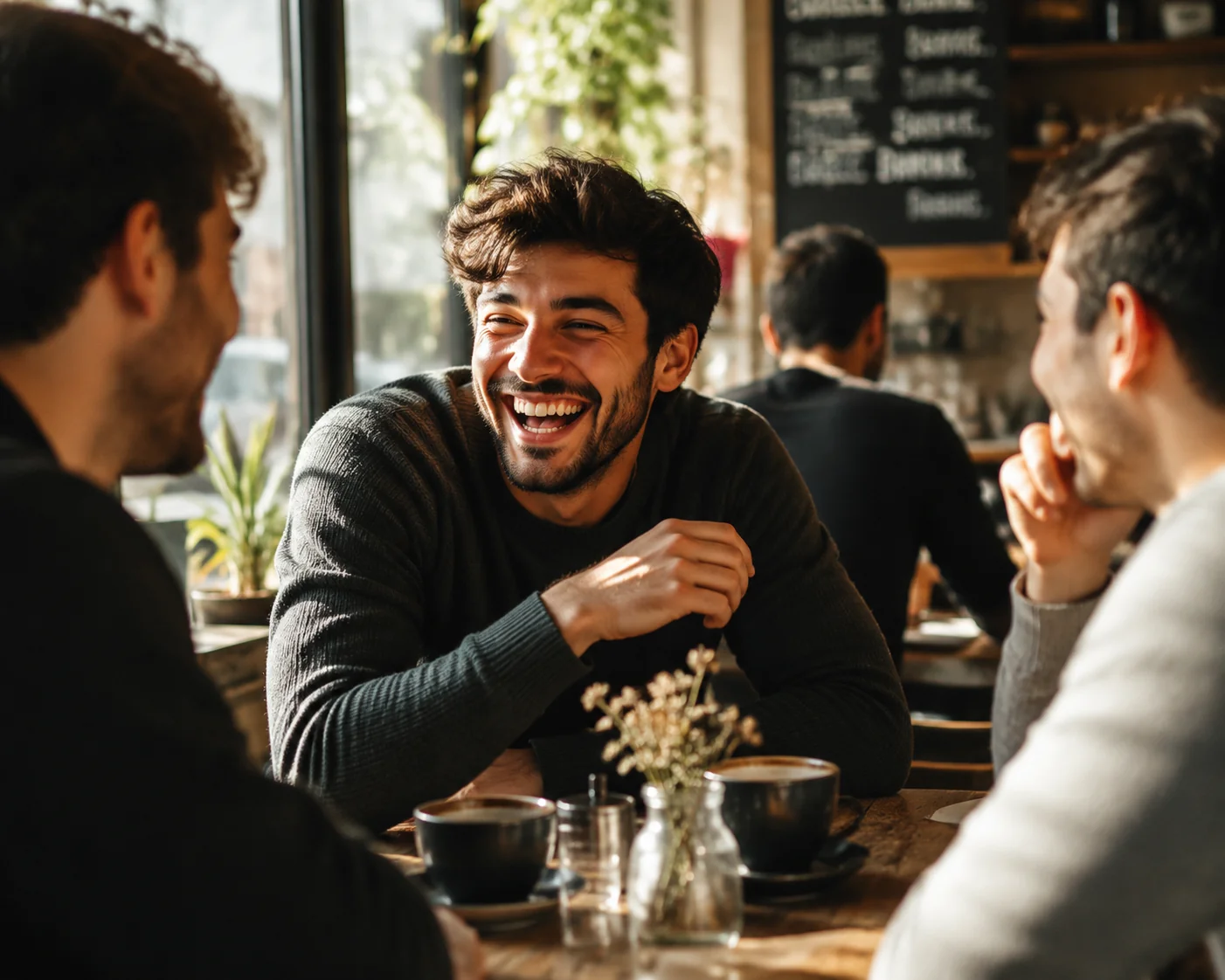 Candid activity and social proof Tinder photo of a man laughing with friends in warm light