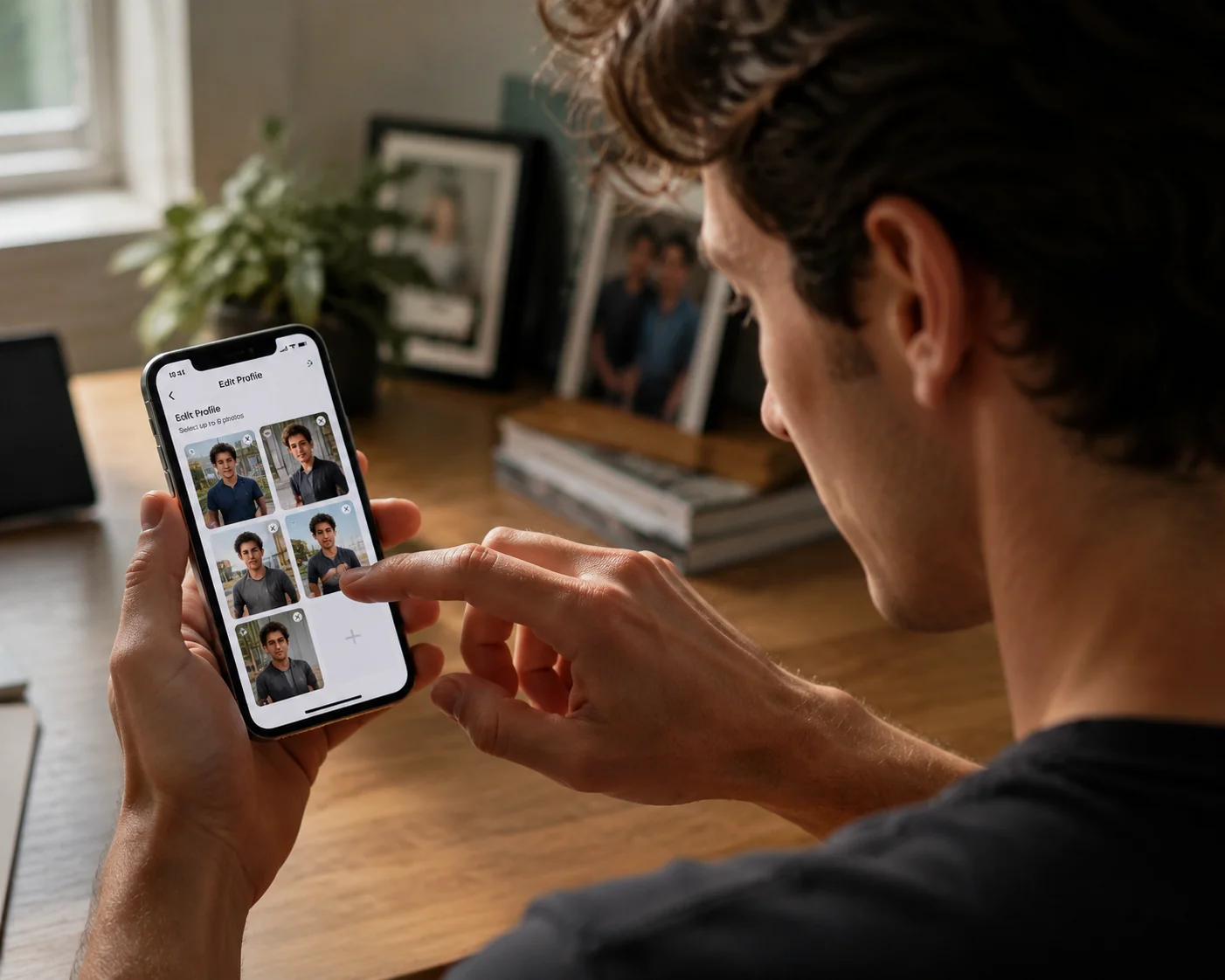 Man selecting varied photos for his dating profile photo slots on a phone