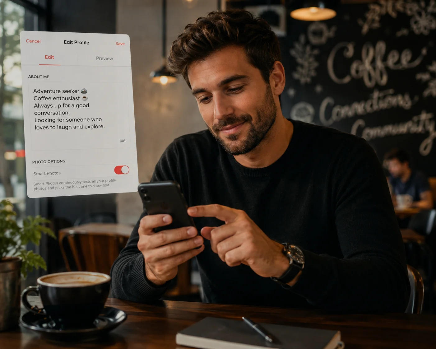 Man writing a short specific dating profile bio on his phone in a coffee shop